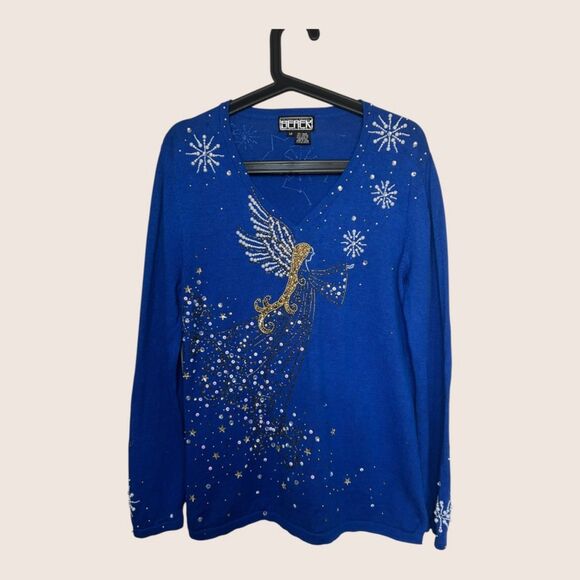 😇 VTG BEREK BLUE ANGEL BEADED UGLY CHRISTMAS LIGHTWEIGHT SWEATER MEDIUM - Picture 5 of 7